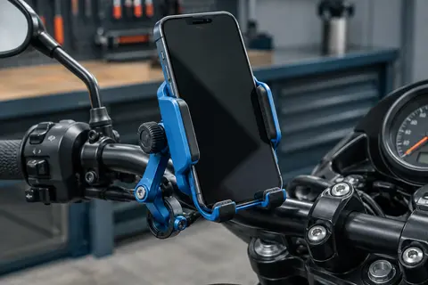 Support de téléphone Lamicall bleu fixé au guidon d’une moto, avec pince réglable et patins en silicone.