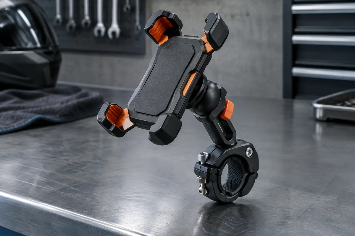 Support téléphone Lamicall orange avec pince en silicone et rotule, présenté sur un établi d’atelier moto.
