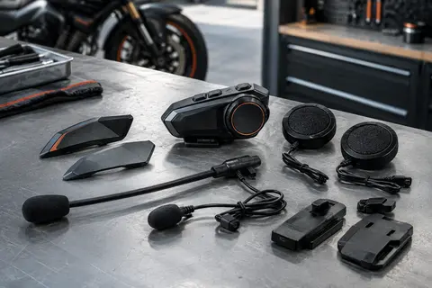 Intercom moto Lexin noir avec haut-parleurs, microphones et supports de fixation dans un atelier sobre