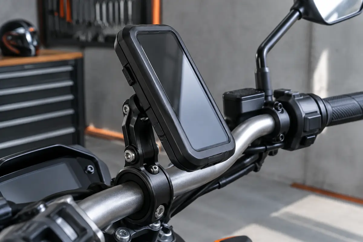 Support téléphone Luroon à coque noire fixé sur un guidon de moto dans un atelier sobre.