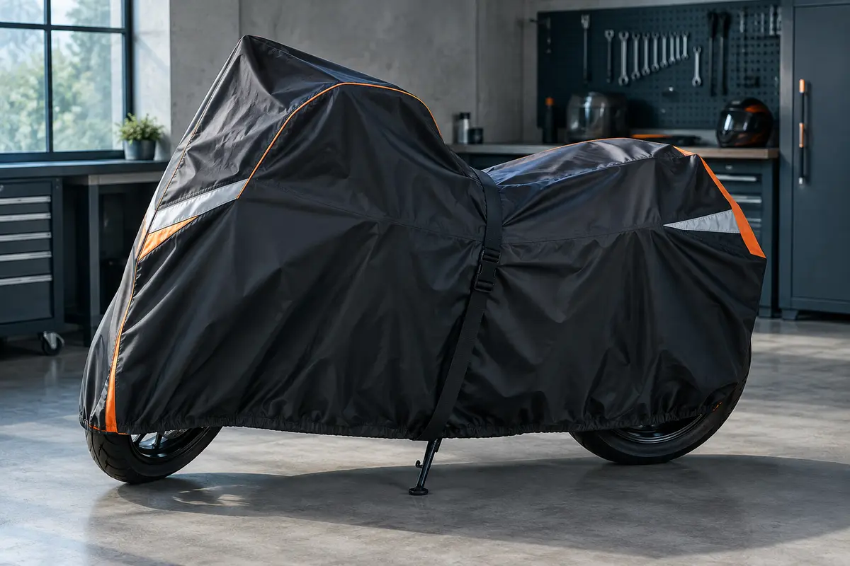 Housse de moto en polyester noir et orange installée sur un deux-roues dans un atelier sobre