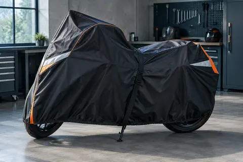 Housse de moto en polyester noir et orange installée sur un deux-roues dans un atelier sobre