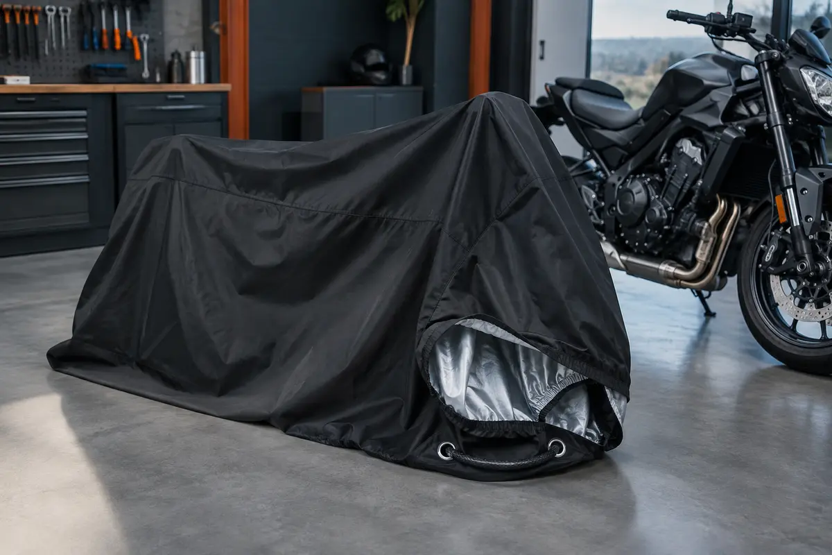 Housse moto noire en polyester 190T, avec doublure argentée visible et passages de chaîne à l’avant.