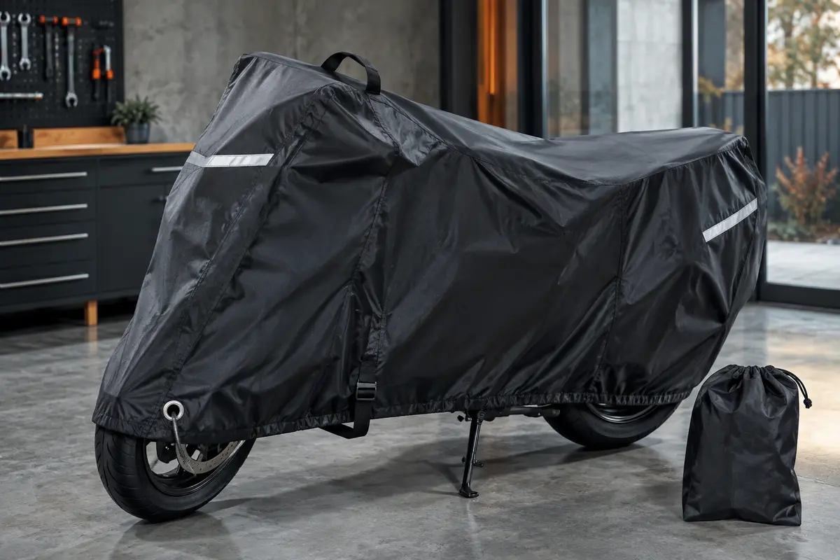 Housse moto noire en textile 420D avec sangle, bandes réfléchissantes et passage pour antivol