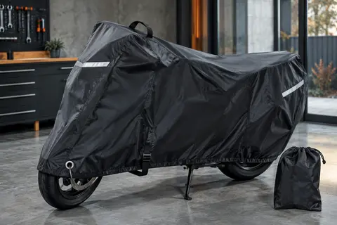 Housse moto noire en textile 420D avec sangle, bandes réfléchissantes et passage pour antivol
