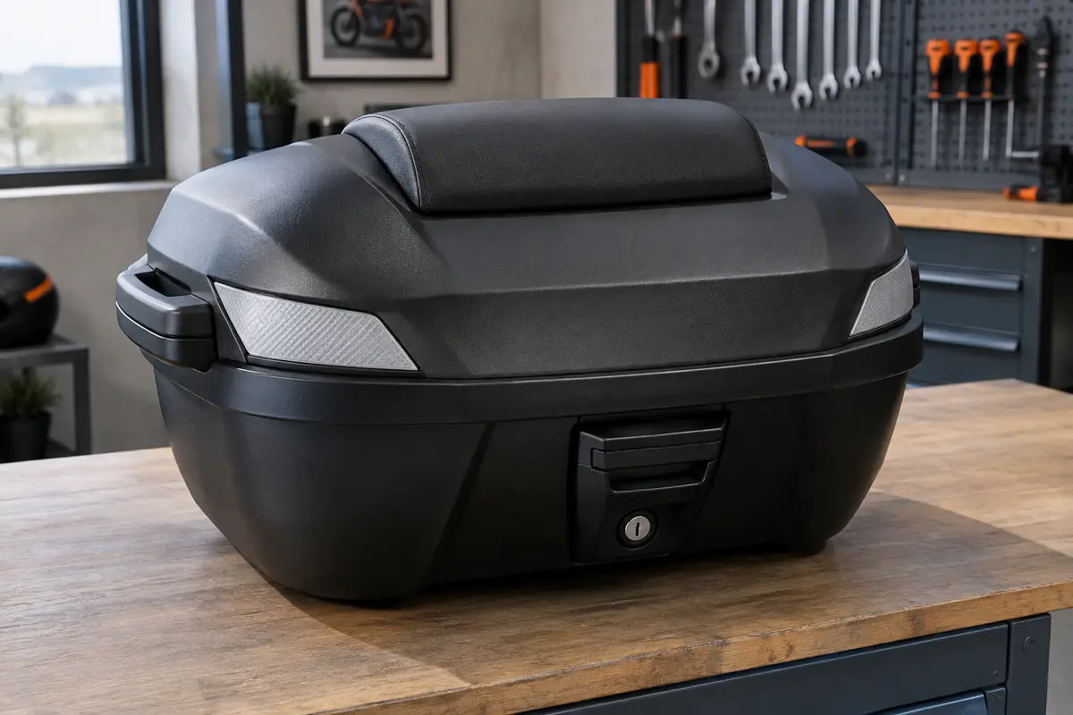 Top case moto noir en ABS avec dossier rembourré, poignées latérales et autocollants réfléchissants