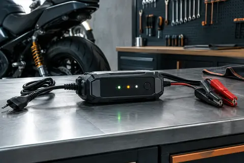 Chargeur intelligent compact pour batteries au plomb 6 V et 12 V posé sur un établi d’atelier moto.