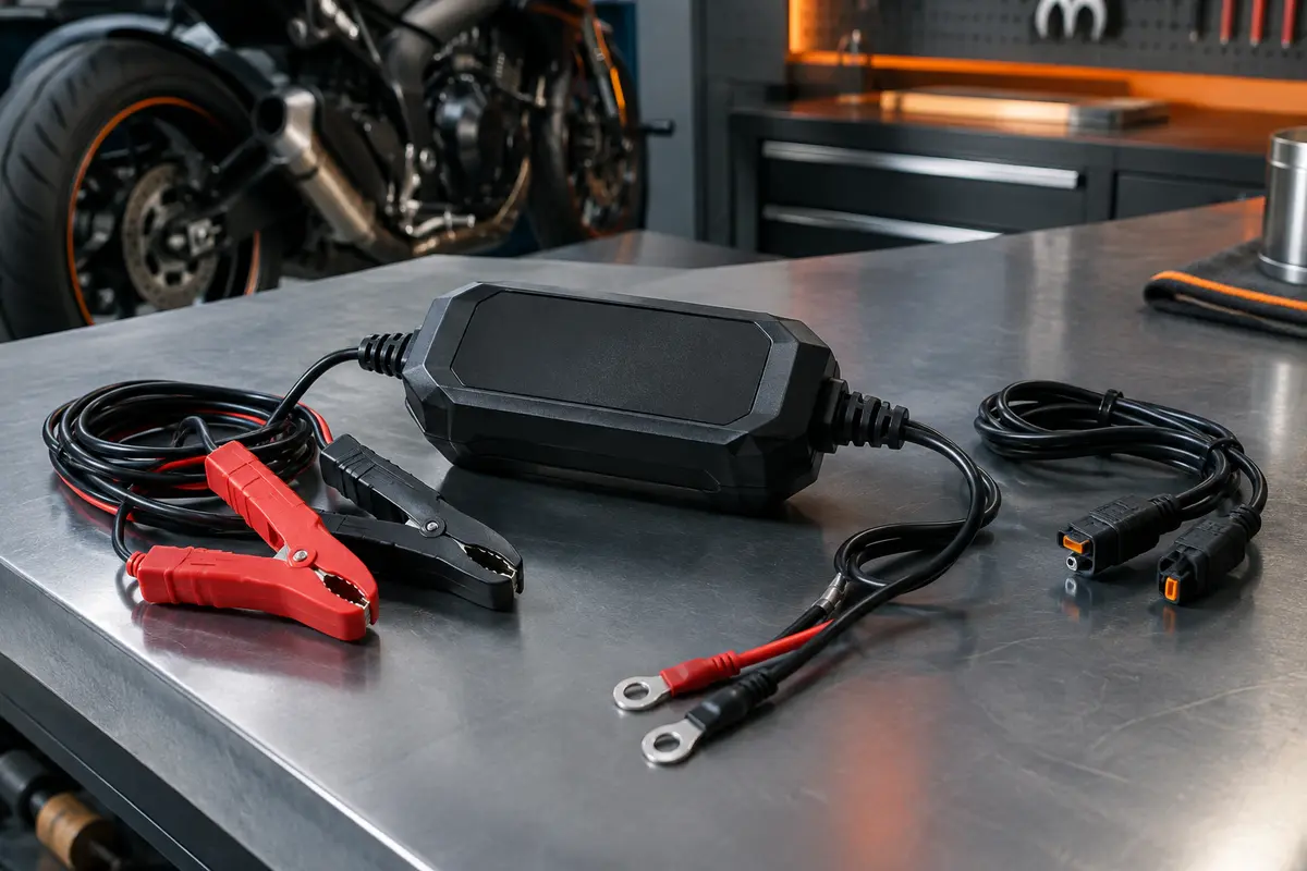 Chargeur-mainteneur noir avec câbles et raccordements SAE posé sur un établi d’atelier moto