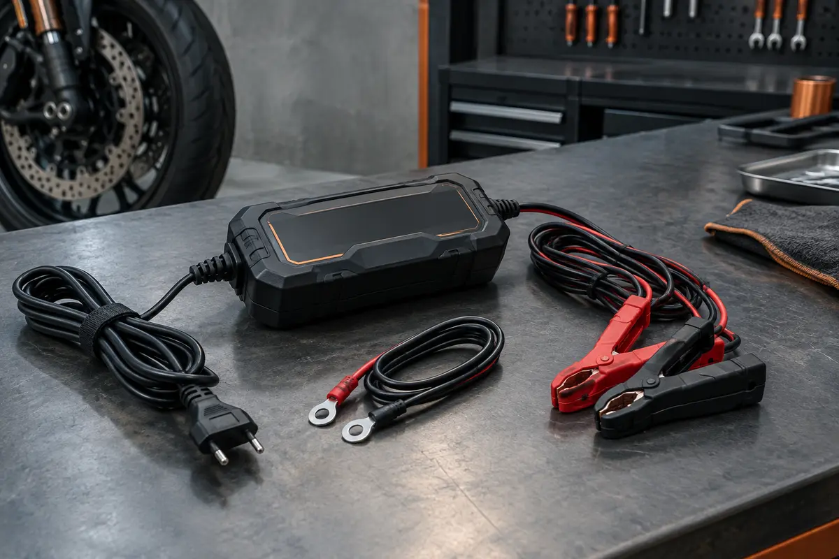 Chargeur de batterie noir avec câble, pinces et cosses à œillet posé sur un établi d’atelier moto.