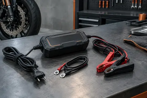 Chargeur de batterie noir avec câble, pinces et cosses à œillet posé sur un établi d’atelier moto.