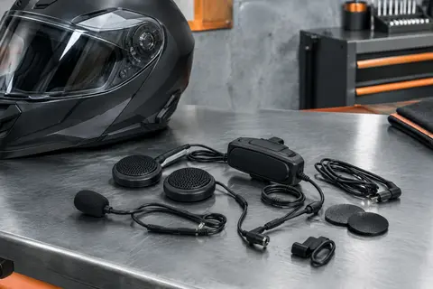 Kit audio Bluetooth noir pour casque moto, avec haut-parleurs, microphones et câblage présenté sur un établi