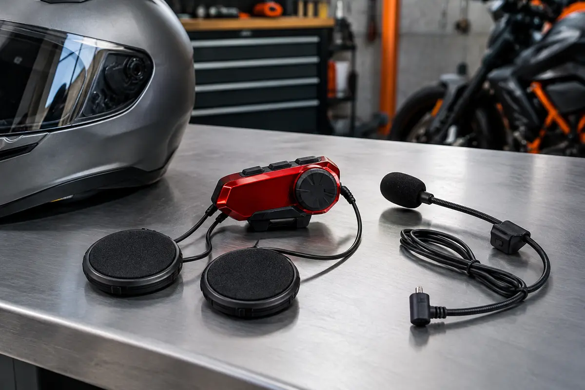 Intercom moto rouge avec haut-parleurs, microphone anti-vent et câble posé près d’un casque