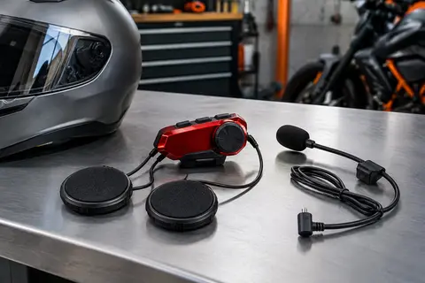 Intercom moto rouge avec haut-parleurs, microphone anti-vent et câble posé près d’un casque