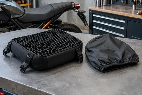Coussin de selle moto noir à structure alvéolée, avec sangles réglables et housse imperméable amovible
