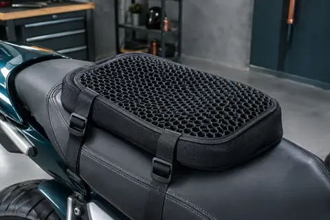 Coussin de selle moto noir en gel 3D posé sur une selle, avec ses deux sangles réglables visibles.