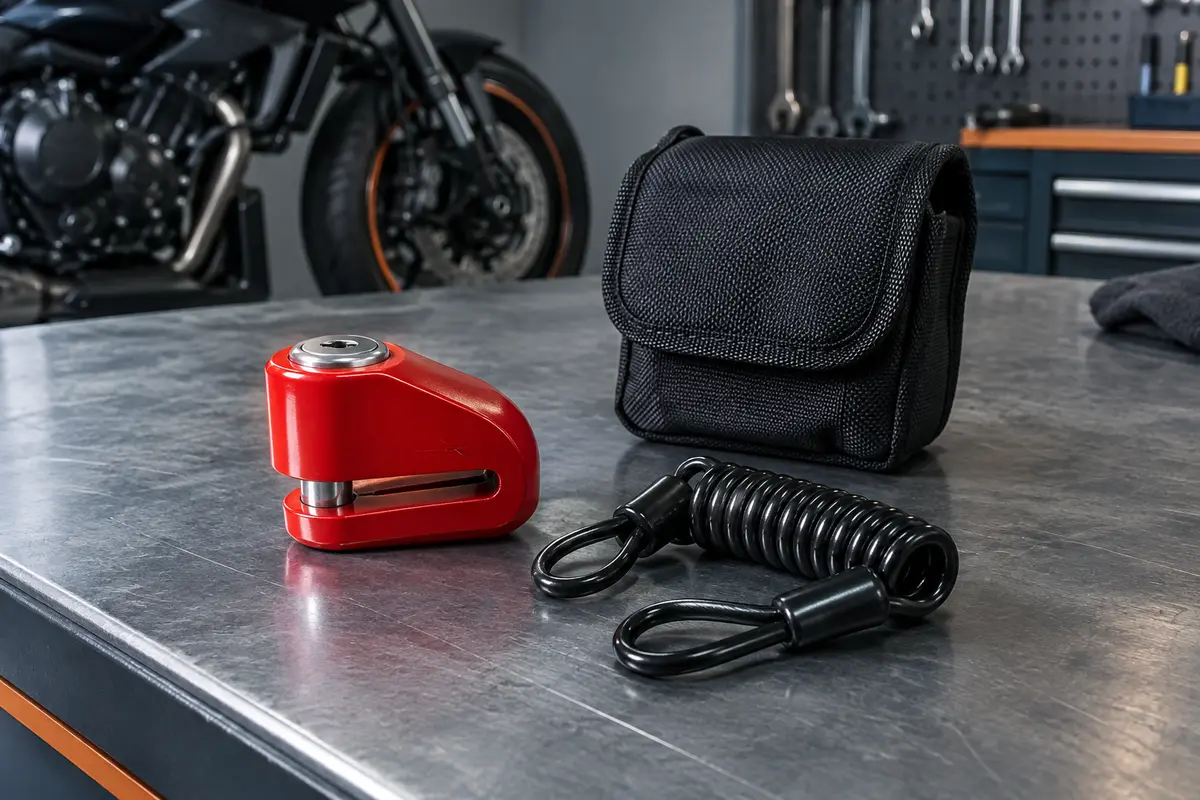 Bloque-disque moto rouge avec axe de 6 mm, câble spiralé et sac de transport posé sur un établi