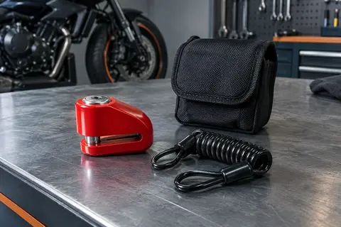 Bloque-disque moto rouge avec axe de 6 mm, câble spiralé et sac de transport posé sur un établi