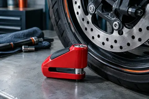 Bloque-disque moto Radikal RK10 rouge posé près d’un disque de frein dans un atelier sobre.