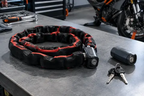 Chaîne antivol Radikal noire et rouge avec maillons carrés et cadenas à clé, présentée dans un atelier moto
