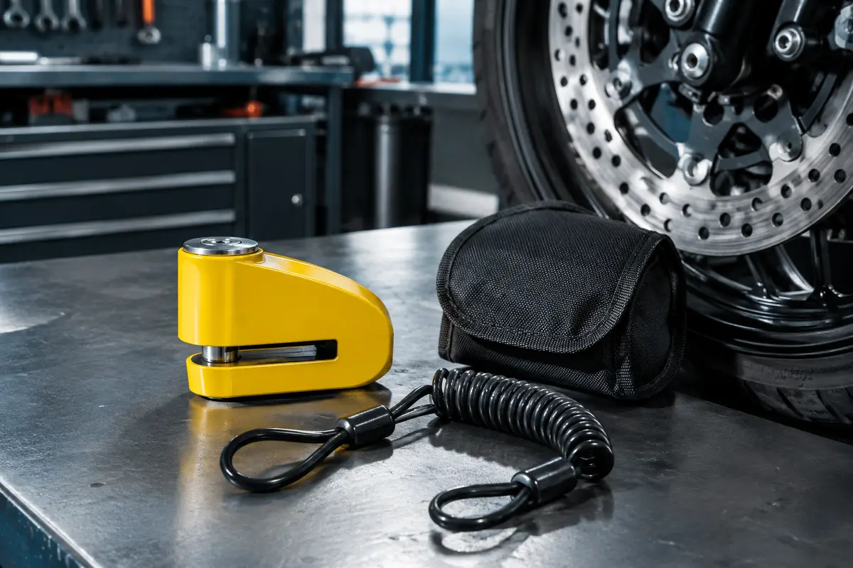 Bloque-disque moto jaune avec alarme posé près d’un disque de frein perforé, accompagné de son câble de rappel