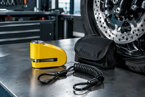 Bloque-disque moto jaune avec alarme posé près d’un disque de frein perforé, accompagné de son câble de rappel