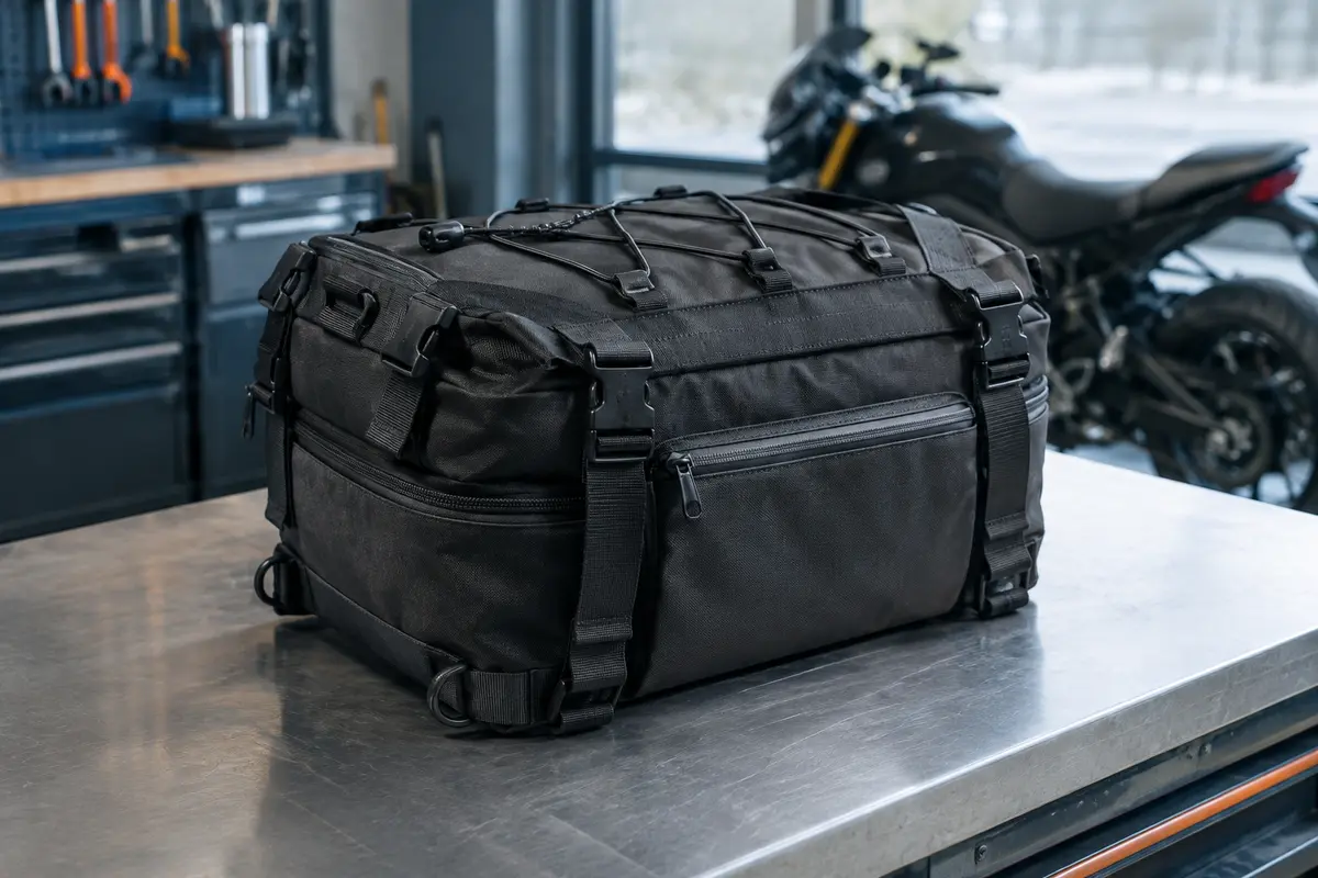 Sacoche arrière de moto noire Rhinowalk avec sangles, poche zippée et cordon élastique sur un établi