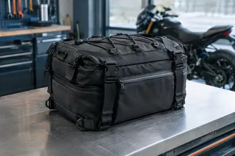 Sacoche arrière de moto noire Rhinowalk avec sangles, poche zippée et cordon élastique sur un établi