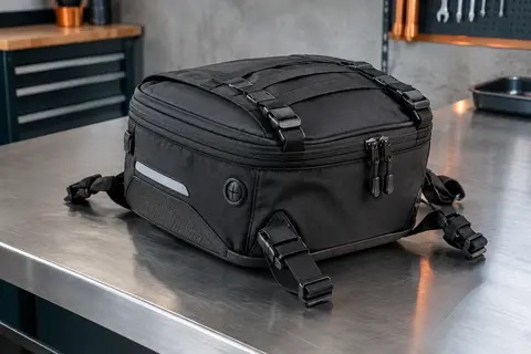 Sacoche de réservoir moto compacte en textile noir, avec rabat à sangles, fermeture étanche et port latéral pour câble.