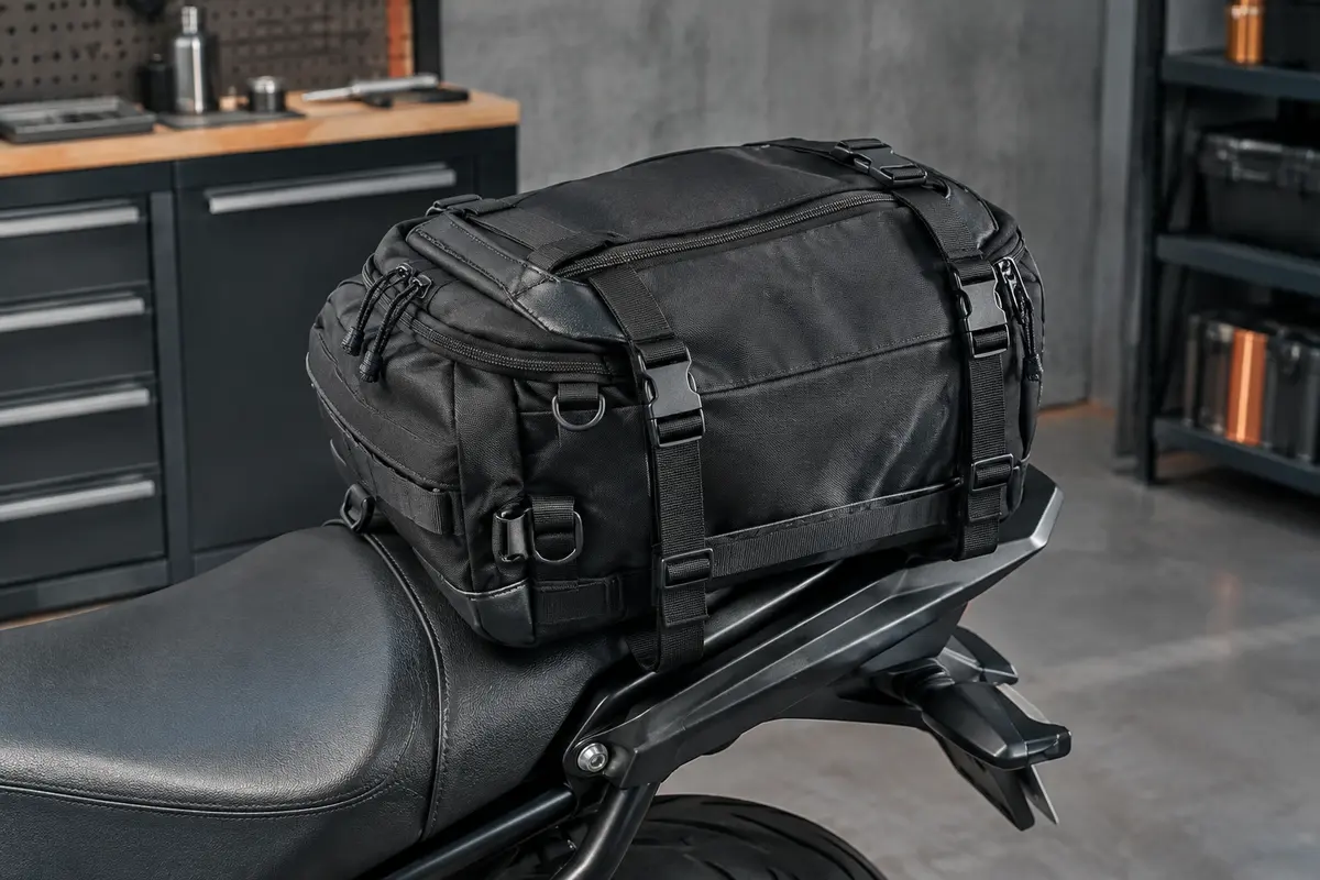 Sacoche de selle moto Rhinowalk noire de 20 L posée sur une selle arrière, avec ses sangles visibles.