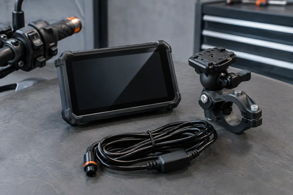 Écran de navigation moto tactile de 5 pouces avec support et câble d’alimentation dans un atelier sobre.