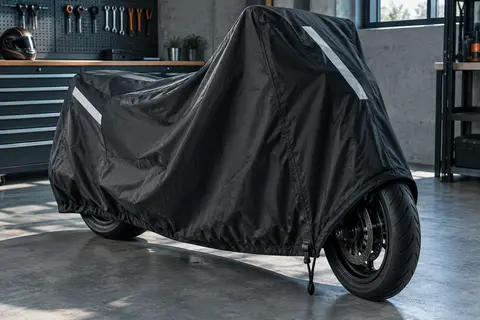 Housse moto noire Rouzin avec bandes réfléchissantes et cordon bas installée sur une moto en atelier