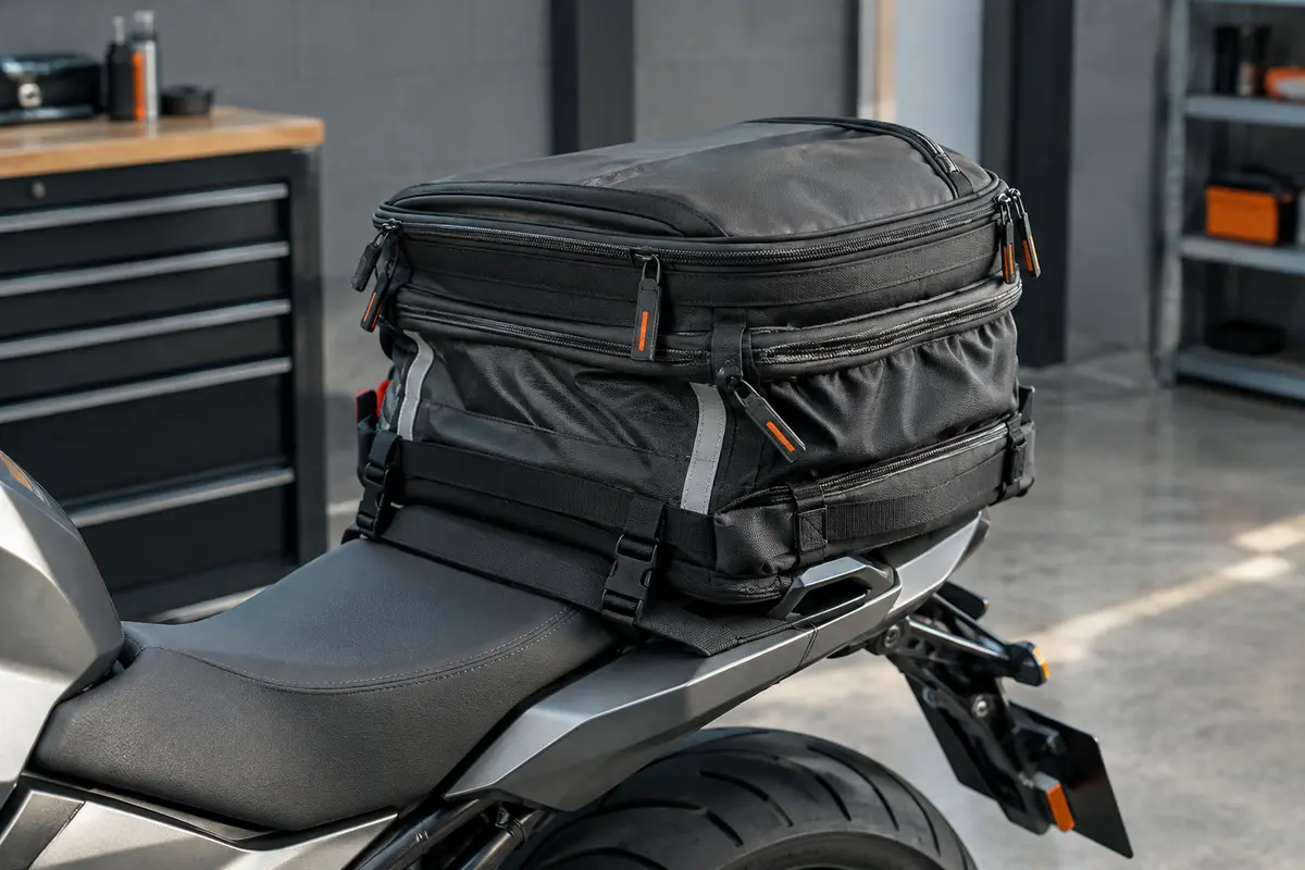 Sacoche de selle moto extensible avec sangles réfléchissantes, posée sur une moto dans un atelier sobre.