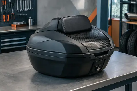 Top case moto noir S-Line KS52N2 en plastique avec dosseret, présenté dans un atelier moto sobre.