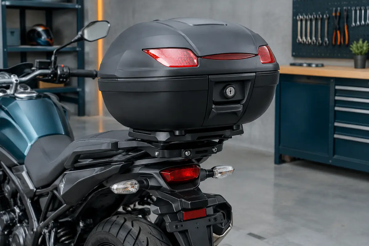 Top case moto noir mat de 46 litres avec serrure et réflecteurs, installé à l’arrière d’une moto.