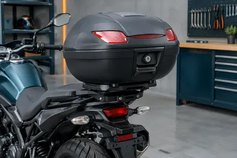 Top case moto noir mat de 46 litres avec serrure et réflecteurs, installé à l’arrière d’une moto.