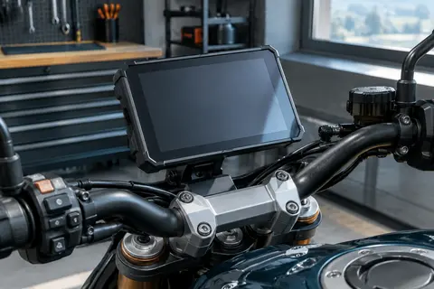 Écran moto Sceirplx de 7 pouces présenté près du poste de pilotage dans un atelier