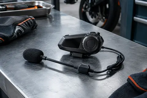 Intercom moto noir en plastique avec molette de commande et microphone, posé dans un atelier sobre.