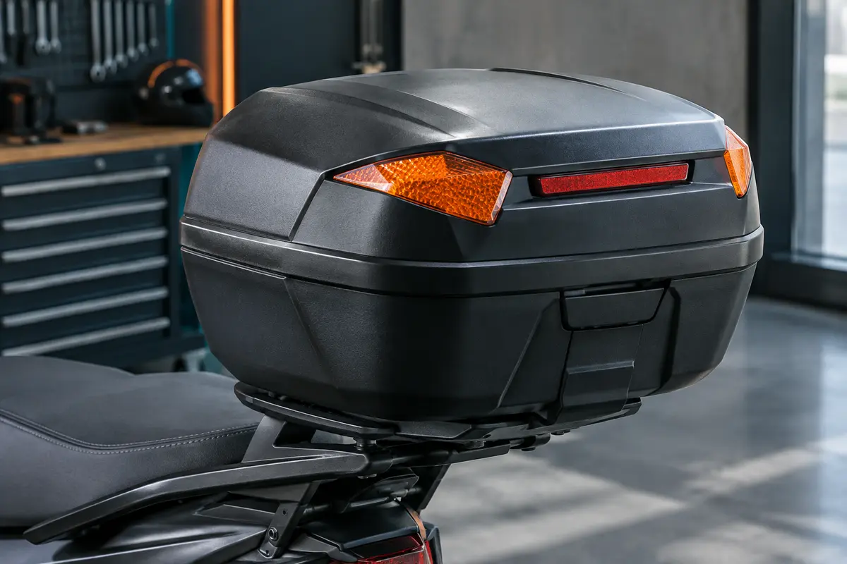 Top-case moto Sevico X12 noir en plastique, avec éléments réfléchissants, présenté sur un support arrière.