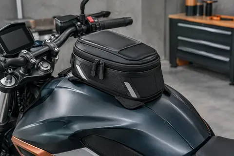 Sacoche de réservoir Shad E03C noire installée sur une moto, avec ses fermetures éclair et ses éléments réfléchissants.