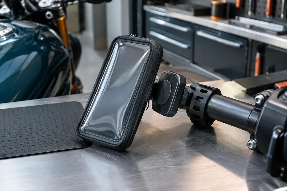 Support téléphone moto noir avec pochette tactile et dock magnétique fixé sur un guidon rond