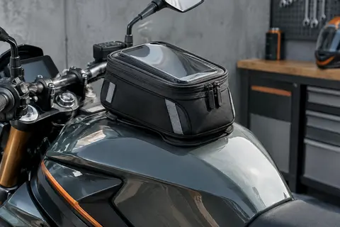 Sacoche de réservoir moto noire avec pochette tactile pour téléphone et bandes réfléchissantes latérales
