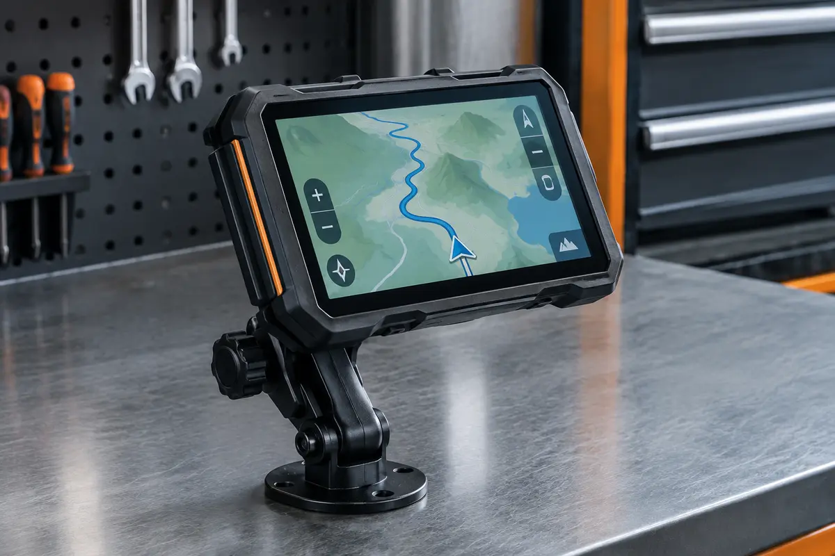 Écran moto tactile de 5 pouces sur support réglable, affichant une carte dans un atelier sobre