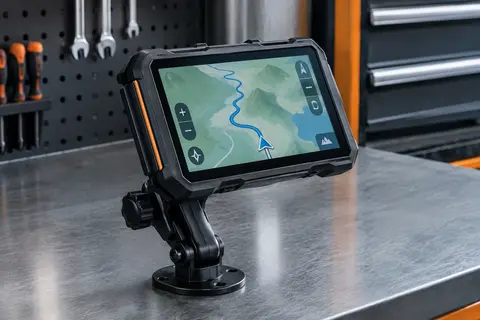 Écran moto tactile de 5 pouces sur support réglable, affichant une carte dans un atelier sobre