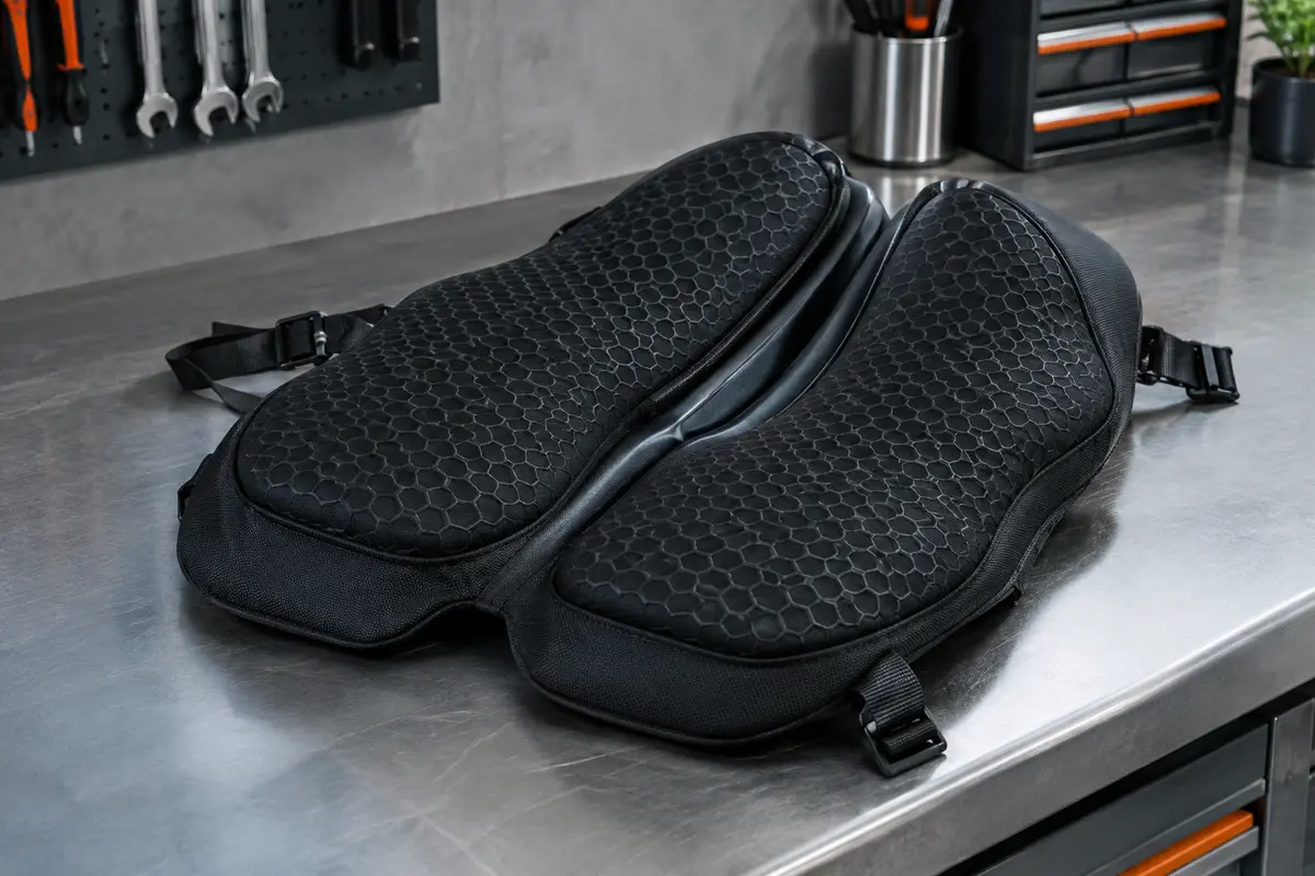 Coussin de selle moto noir en gel avec relief alvéolé, rainure centrale et sangles de fixation.