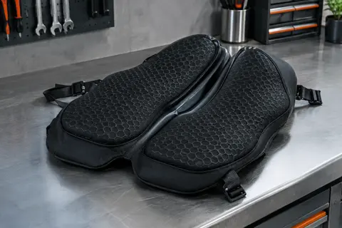 Coussin de selle moto noir en gel avec relief alvéolé, rainure centrale et sangles de fixation.