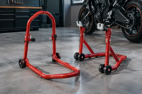 Jeu de béquilles moto rouges avec support avant et fourches arrière réglables en U et en L