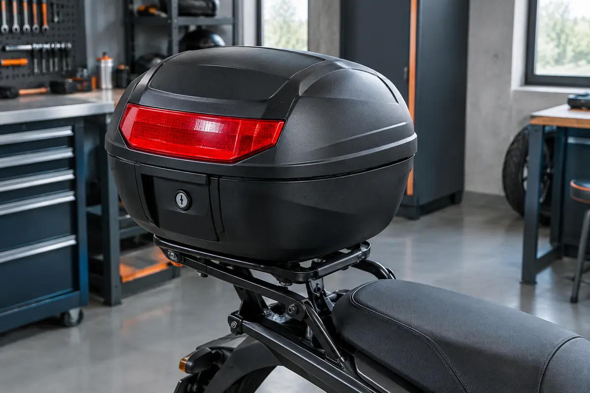 Top case TecTake noir avec réflecteur arrière, installé sur un porte-bagages dans un atelier moto
