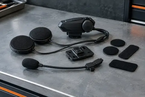 Kit audio Bluetooth moto noir avec microphone, haut-parleurs, support à clip et attaches Velcro