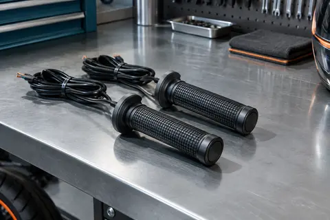 Paire de poignées chauffantes noires à texture carrée posées sur un établi d’atelier moto