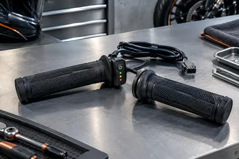 Paire de poignées chauffantes noires en caoutchouc avec commande intégrée et repères LED
